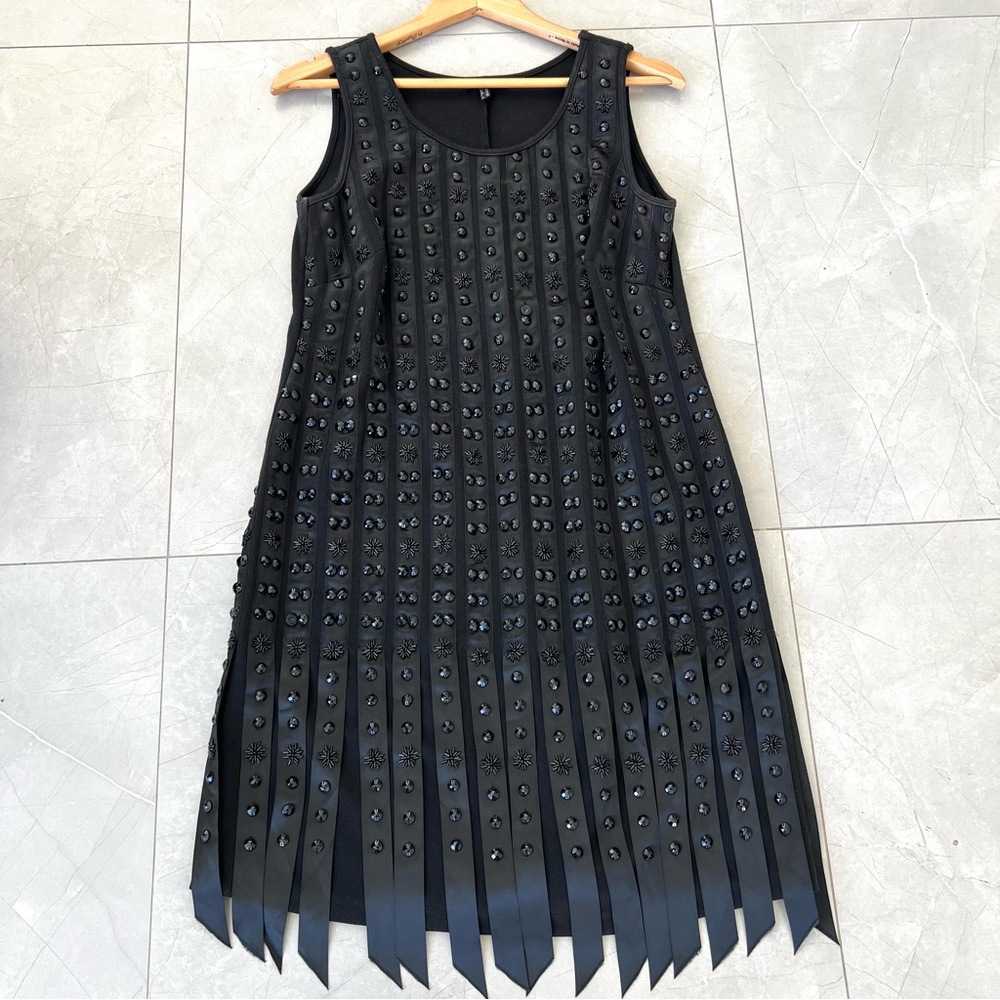 APART Black Beaded Stripes Sleeveless Cocktail Mid Length Sleek Boho Dress Sz 10 - Picture 10 of 16